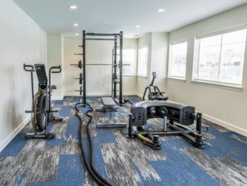 A home gym with a variety of equipment including a treadmill, rowing machine, and weights